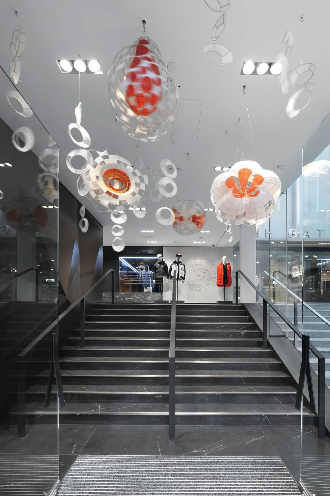 Xiaojing Yan, White and Red Melody, 2021, installed at Canada Goose, Canton Road, Hong Kong